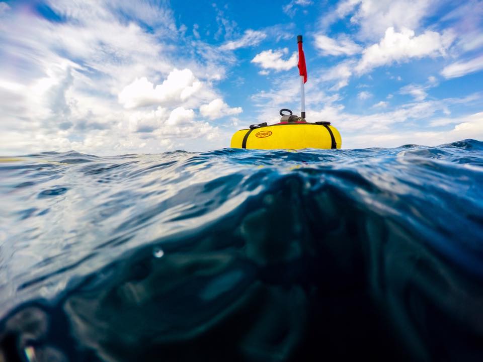 A floating tankless dive system on the ocean's surface pumps air to divers below.