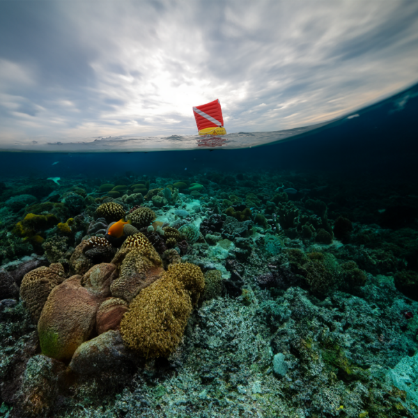 3D Dive Flag Buoy floating above a vibrant coral reef in a split view image