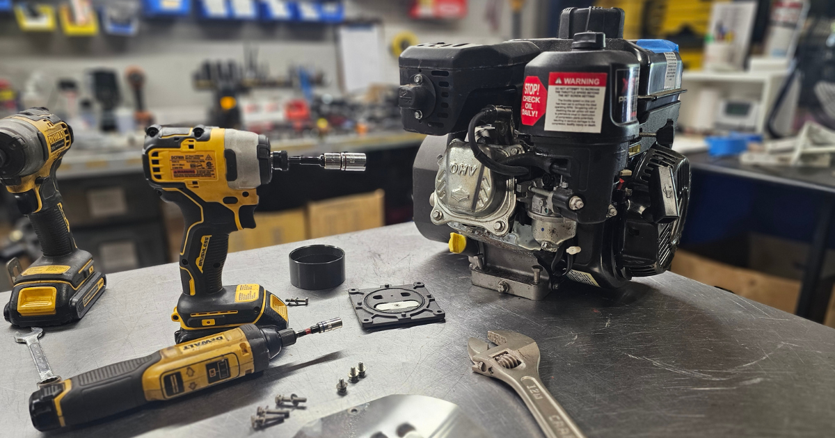 Annual maintenance of a Brownie's dive system engine on a workbench with tools scattered around, showcasing the meticulous care and servicing process.