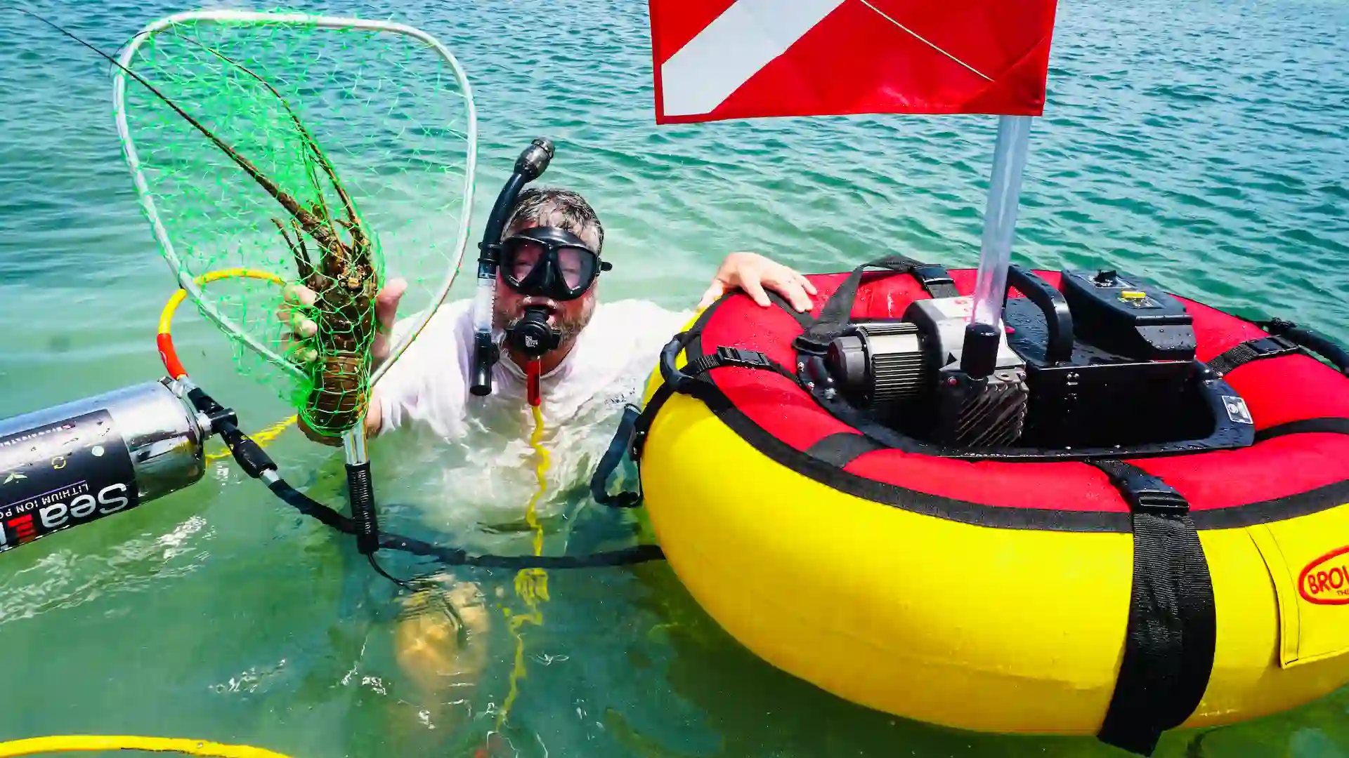 Diver at the surface beside a yellow Brownie's Sea LiON with a lobster catch